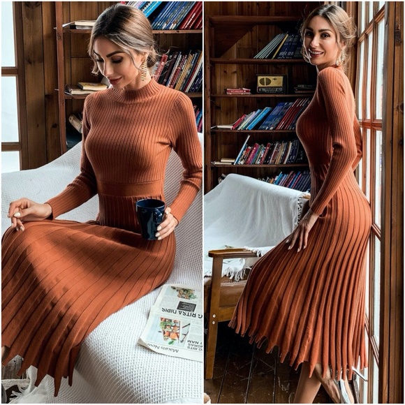 Fall mock neck ribbed knit sweater midi dress Pink - Picture 9 of 15